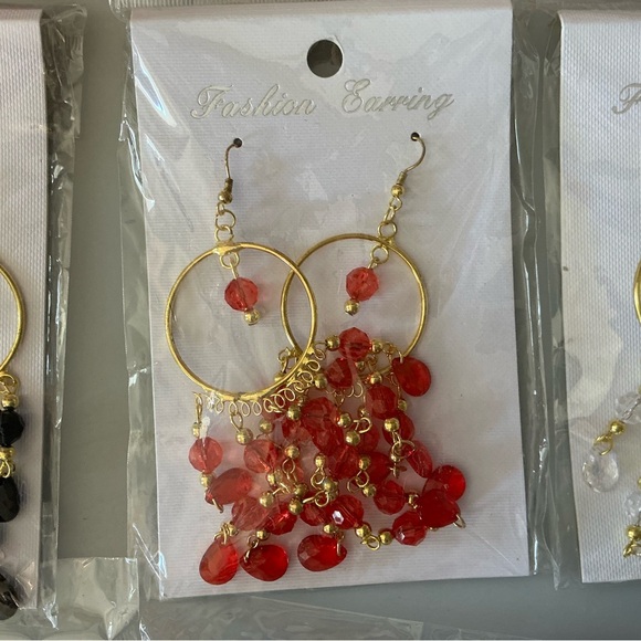 Fashion Jewelry Multicolor Dangle Hoop Earrings — Red, Black, Clear, Peach. 5 PR - Picture 3 of 6